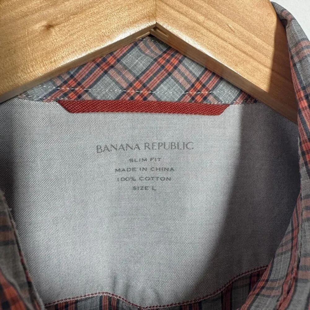 Banana Republic Shirt Men Size L Plaid Slim Fit Pearl Snap Button Up Long Sleeve